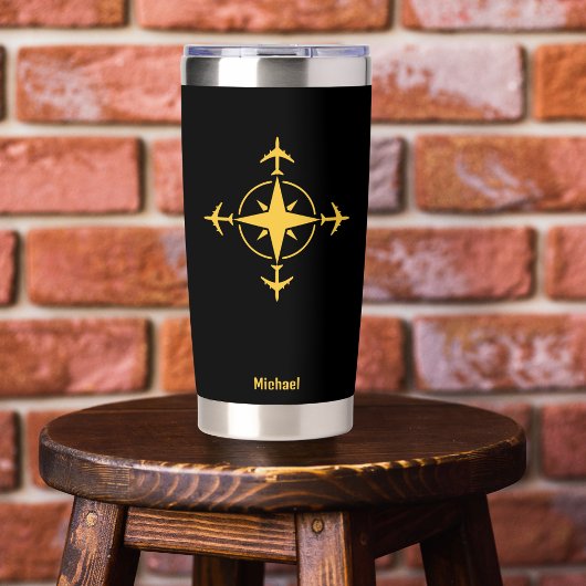 Einfach moderner Kompass und Flugzeug, Reisen nach Thermobecher