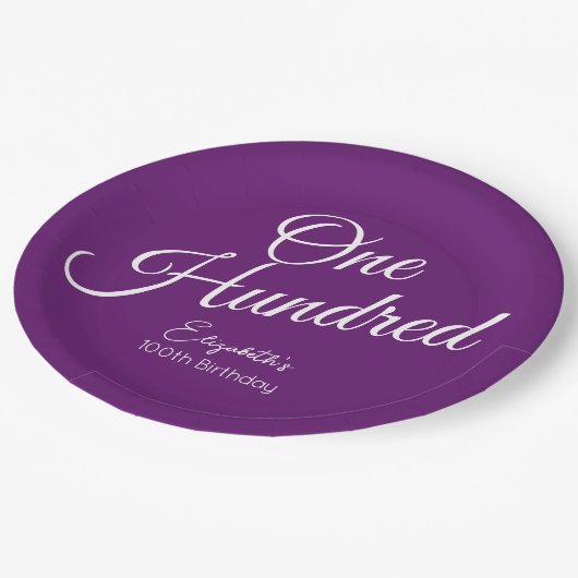 Einfach moderner Script Herbst Lila 100. Geburtsta Pappteller (Schrägansicht)