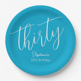 Einfach modernes Script Aqua Blue 30. Geburtstag P Pappteller