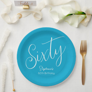 Einfach modernes Script Aqua Blue 60. Geburtstag Pappteller