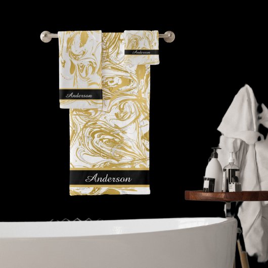 Einfach Monogram Gold Weiß Marmor schwarz marbeln Badhandtuch Set