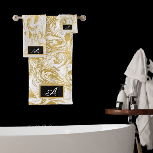 Einfach Monogram Gold White Marble Black Ba marbel Badhandtuch Set