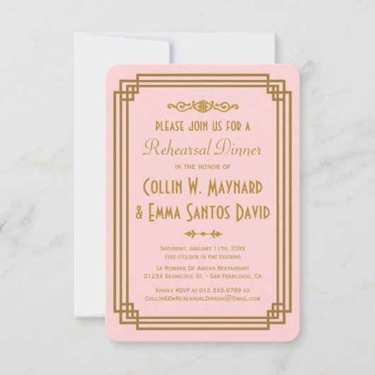 Einfach rosa Art Deco Probe Dinner lädt ein Einladung (Vorderseite)