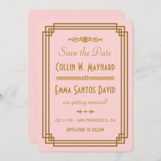 Einfach rosa Art Deco Save the Date lädt ein (Vorne/Hinten)