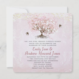 Einfach rosa Heart Leaf Tree Love Bird Wedding Einladung