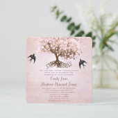 Einfach rosa Heart Leaf Tree Love Bird Wedding Einladung (Stehend Vorderseite)