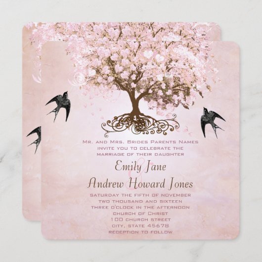 Einfach rosa Heart Leaf Tree Love Bird Wedding Einladung (Vorne/Hinten)