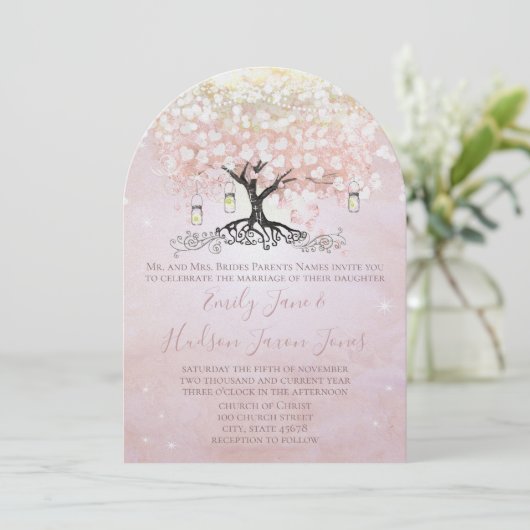 Einfach rosa Herz Leaf Tree Mason Jar Wedding Einladung (Stehend Vorderseite)