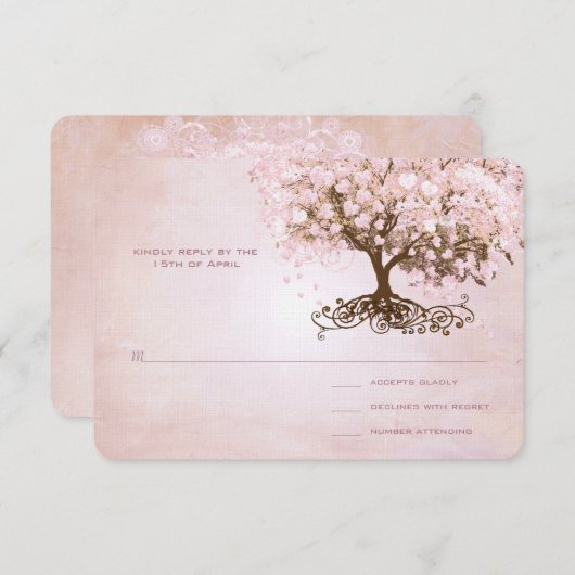 Einfach rosa Herz Leaf Tree Wedding RSVP (Vorne/Hinten)