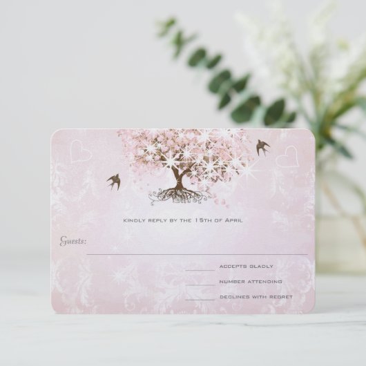 Einfach rosa Herz Leaf Tree Wedding RSVP Karte (Stehend Vorderseite)