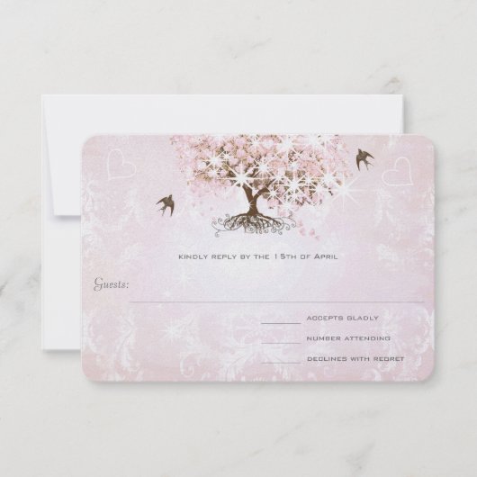 Einfach rosa Herz Leaf Tree Wedding RSVP Karte (Vorderseite)