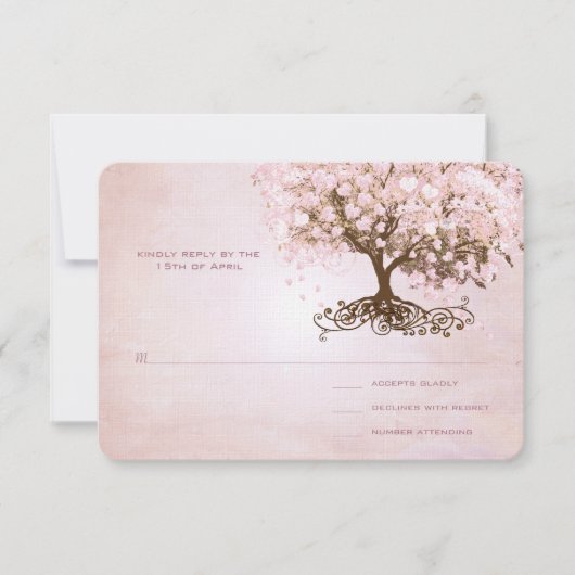 Einfach rosa Herz Leaf Tree Wedding RSVP Karte (Vorderseite)