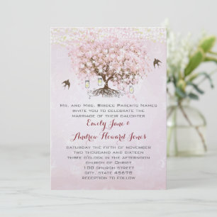 Einfach Rosa Herzblatt-Baum-Liebesvogel-Hochzeit Einladung