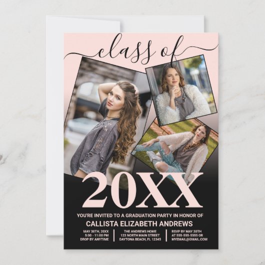 Einfach rosa Schwarz Ombre Abschluss FotoCollage Einladung (Vorderseite)