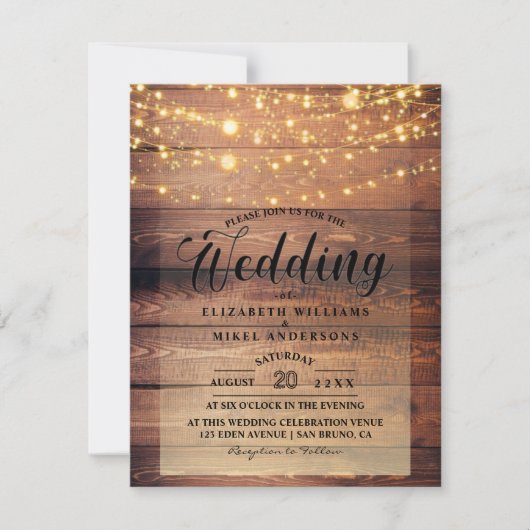 Einfach rustikale Naturholz-Lichter String Hochzei Einladung (Vorderseite)