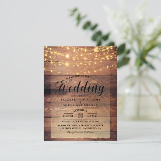 Einfach rustikale Naturholz-Lichter String Hochzei Einladung (Stehend Vorderseite)