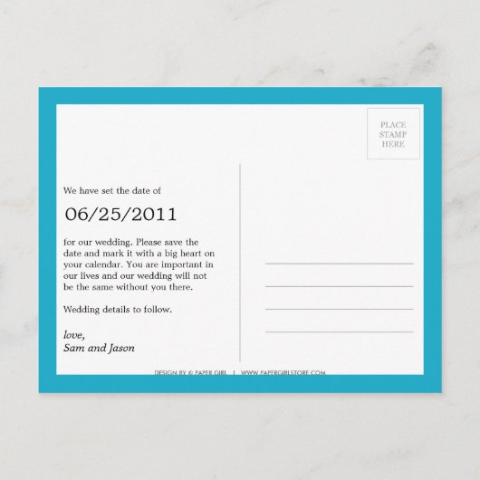 Einfach Save the Date angeheftet Postkarte (Türkis (Rückseite)