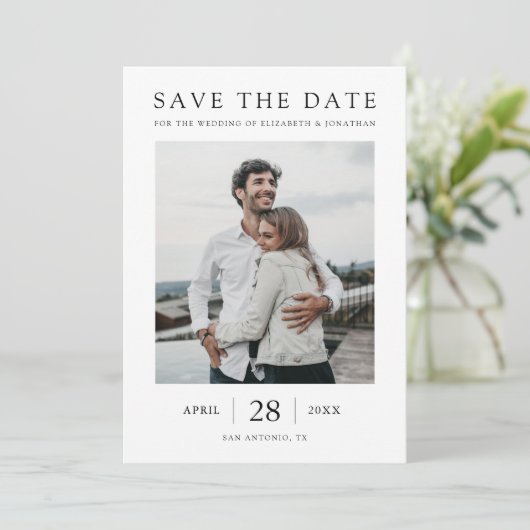 Einfach schicke moderne Multi-Foto-Hochzeit Save The Date (Stehend Vorderseite)
