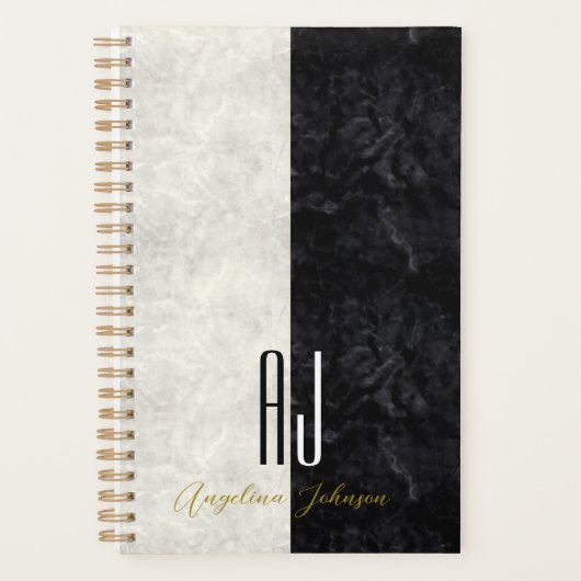Einfach Schwarz und Weiß Mit Monogramm Planer (Vorderseite)