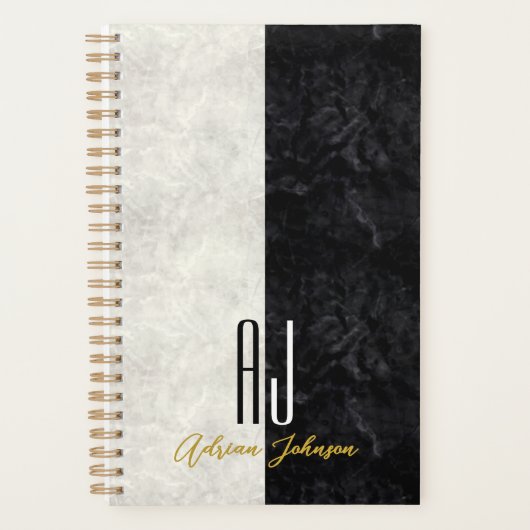 Einfach Schwarz und Weiß Mit Monogramm Planer (Vorderseite)