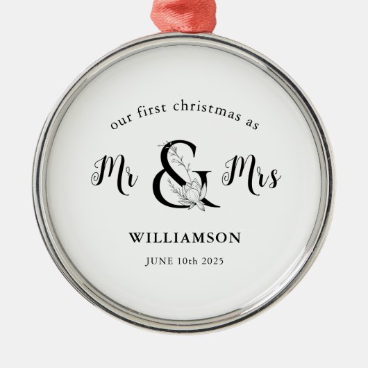 Einfach Schwarz & Weiß Mr & Mrs. 1. Weihnachten Ornament Aus Metall (Vorne)