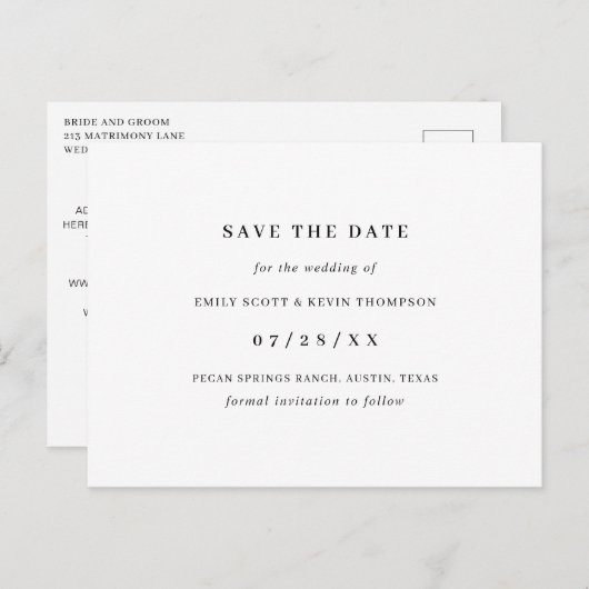Einfach Schwarz-weiß Save the Date Minimalistisch Ankündigungspostkarte (Vorne/Hinten)