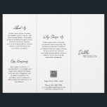 Einfach Schwarz-weißer zeitgemäßer QR-Code Flyer<br><div class="desc">Moderner und beruflicher Schwarzweiß-Trifold-Broschüren-Flyer mit einem einfachen und minimalen Design mit Ihrem Namen in einem eleganten Drehbuch und zeitgenössischen serifenlosen Schriftart. Die Vorlage enthält mehrere geteilte Bereiche für Ihre Dienste in einem minimalistischen Layout. Der Rücken hat Ihre Kontaktdaten und optionalen QR-Code. Wenn Sie es vorziehen, kann der QR-Code im Entwurfstool...</div>