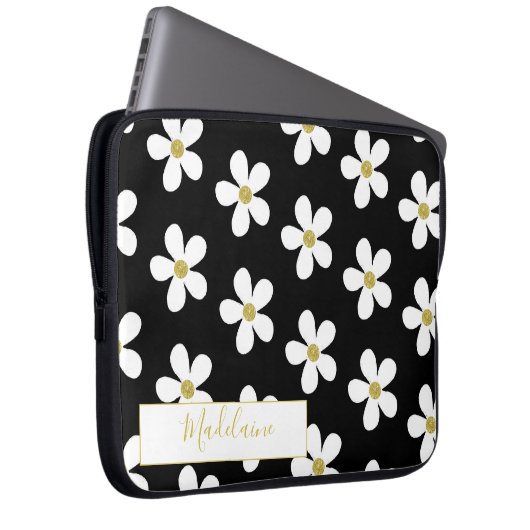 Einfach Schwarz-weißes Daisy Pattern Gold Personal Laptopschutzhülle (Vorne Rechts)