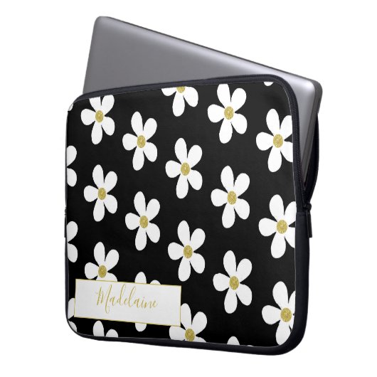Einfach Schwarz-weißes Daisy Pattern Gold Personal Laptopschutzhülle (Vorderseite Links)
