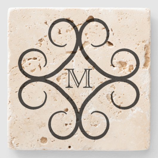 Einfach schwarzer Swirl-Monogramm Steinuntersetzer (Vorderseite)