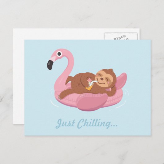 Einfach Sloth Pink Flamingo Float Postkarte abkühl (Vorne/Hinten)