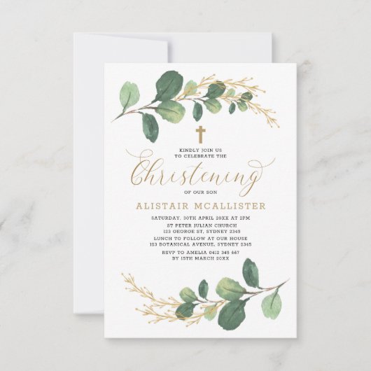 Einfach & stilvoll Watercolor Grüne Christening Einladung (Vorderseite)