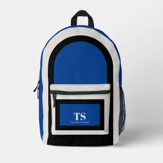 Einfach stylischer Monogram Farbblock Blau Schwarz Bedruckter Rucksack (Vorderseite)
