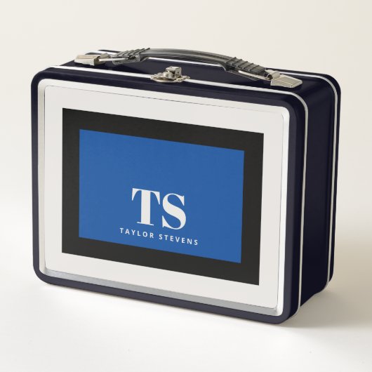 Einfach stylischer Monogram Farbblock Blau Schwarz Metall Brotdose (Vorderseite)