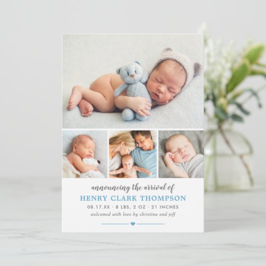 Einfach Sweet Blue Baby Boy Foto Collage Birth Ankündigung (Stehend Vorderseite)