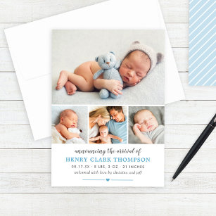 Einfach Sweet Blue Baby Boy Foto Collage Birth Ankündigung