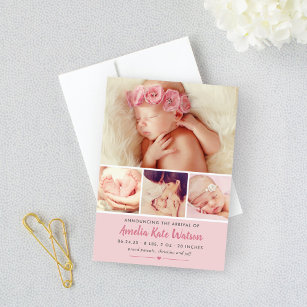 Einfach Sweet Pink Baby Girl Foto Collage Birth Ankündigung
