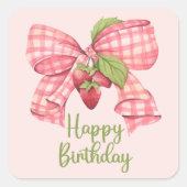 Einfach trendy Pink Bow & Strawberry Happy Birthda Quadratischer Aufkleber (Vorderseite)