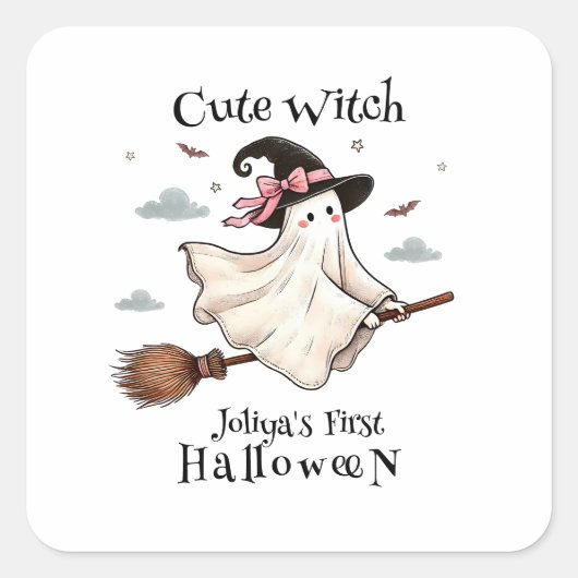 Einfach und elegant Niedlich Hexe erstes Halloween Quadratischer Aufkleber (Vorderseite)