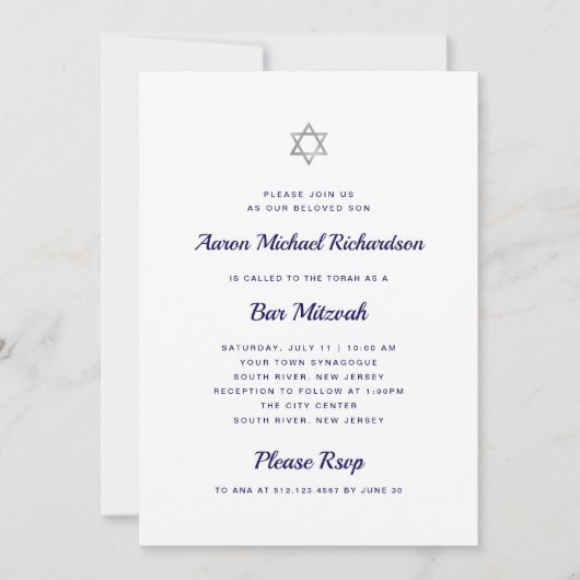 Einfach und kühl | Weiß und Dunkel Blau Bar Mitzva Einladung (Vorderseite)