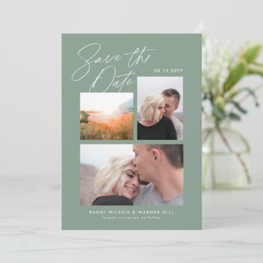 Einfach und stilvoll grünes Drei-Foto handschriftl Save The Date (Stehend Vorderseite)