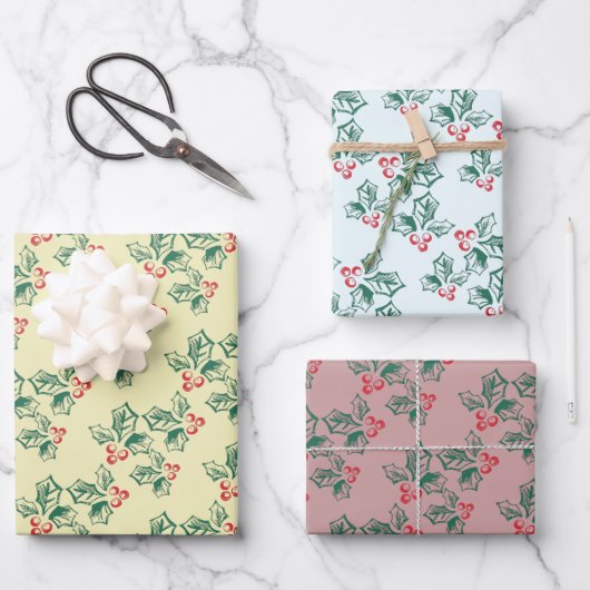 Einfach Vintag Look Holly Pattern Weihnachten Geschenkpapier Set (Vorderseite)