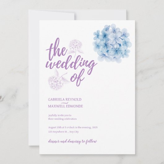 Einfach Watercolor Blue Hydrangea Wedding Einladung (Vorderseite)