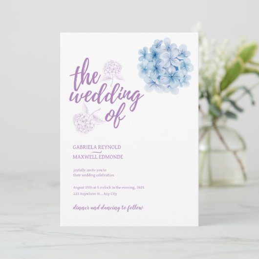 Einfach Watercolor Blue Hydrangea Wedding Einladung (Stehend Vorderseite)