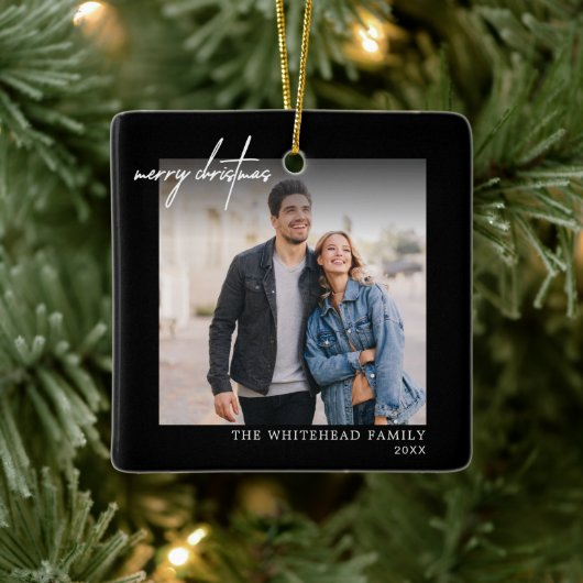 Einfach Weiß frohe Weihnachts-Foto Schwarz Keramikornament (Baum)