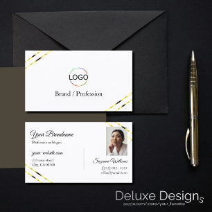 Einfach Weiß mit goldenen Linien Logo und Foto  Visitenkarte