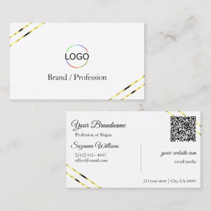Einfach Weiß mit goldenen Linien Logo und QR-Code Visitenkarte