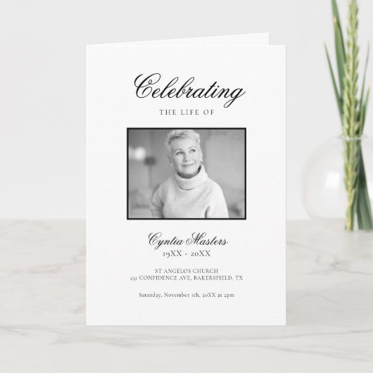 Einfach Weiß mit Schwarz-Kalligrafie-Foto-Beerdigu Programm (Vorderseite)
