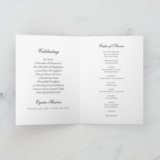 Einfach Weiß mit Schwarz-Kalligrafie-Foto-Beerdigu Programm (Innenseite)