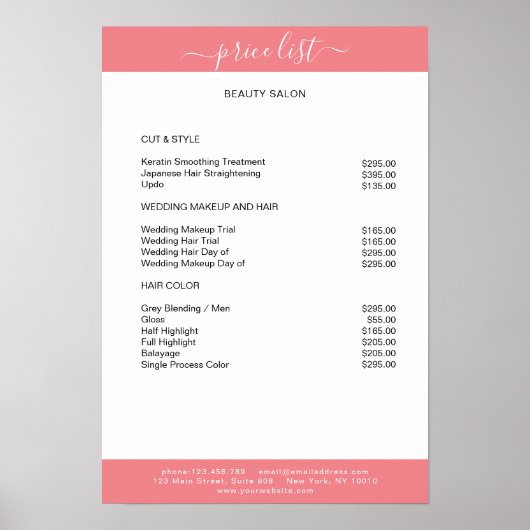 Einfach weißes rosa Preisliste Poster (Vorne)